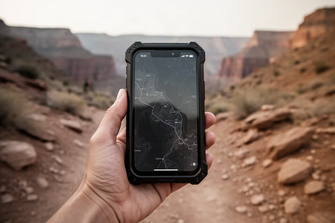 Robustes Smartphone über einem felsigen Canyon-Trail gehalten