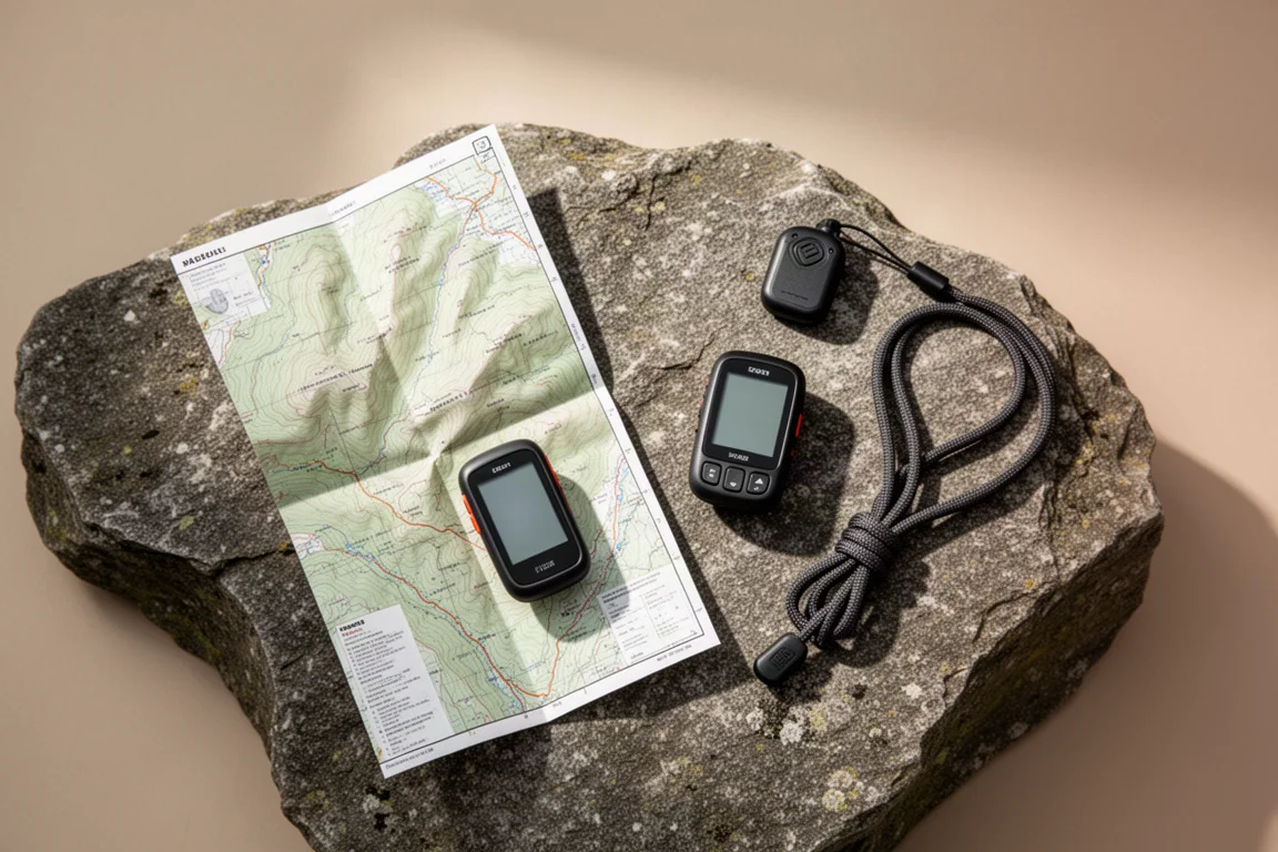 Flache Anordnung von Navigationsgeräten und Papierkarte auf felsiger Oberfläche