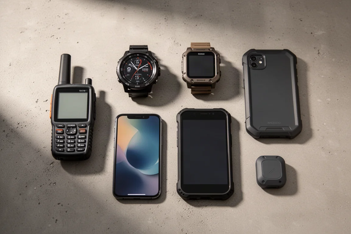 Six navigation devices arranged on a matte concrete surface for an editorial roundup