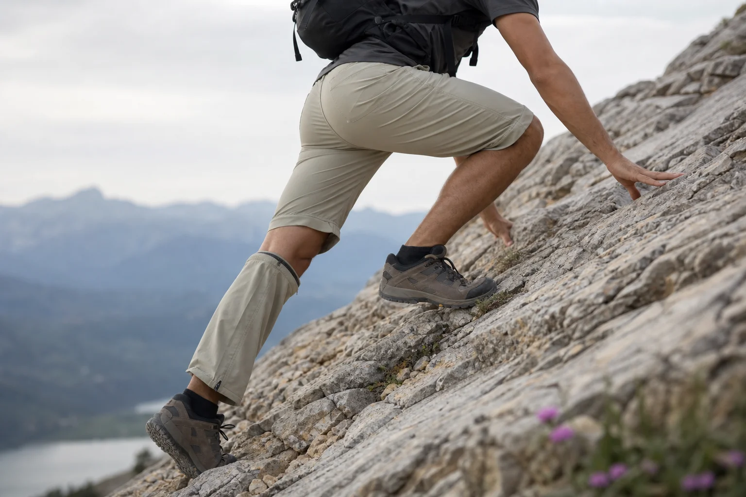 Hiker scrambling over rocky terrain in convertible pants