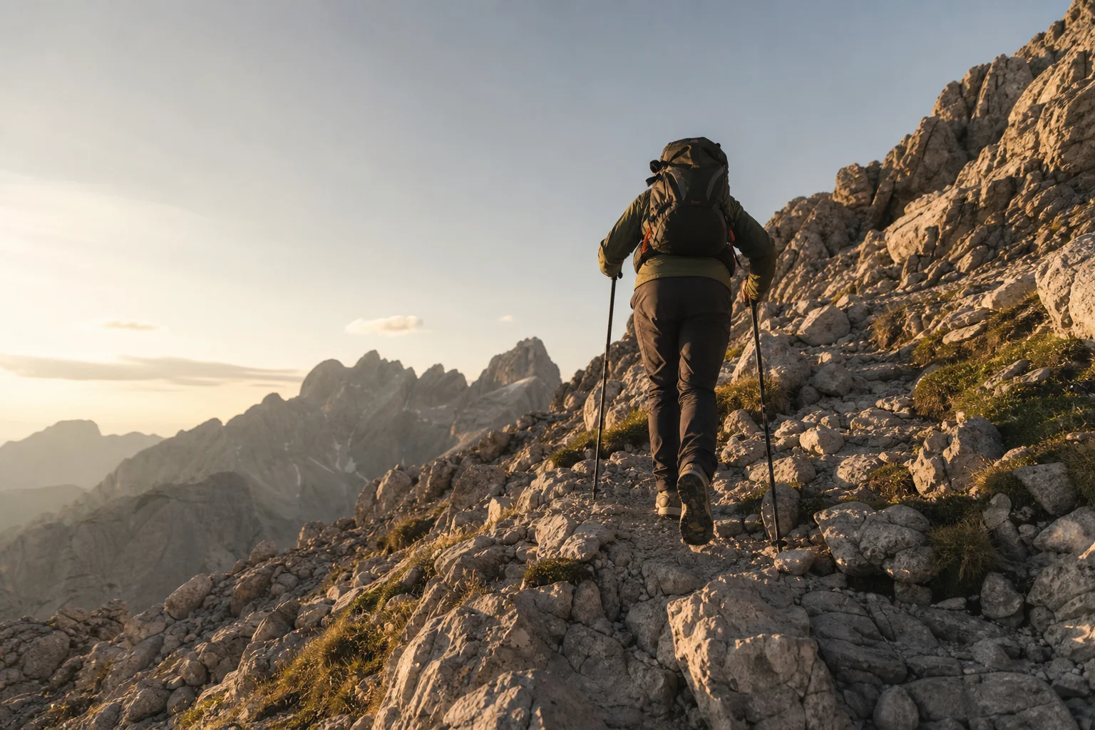 Escursionista che risale un sentiero di montagna roccioso con bastoncini da trekking