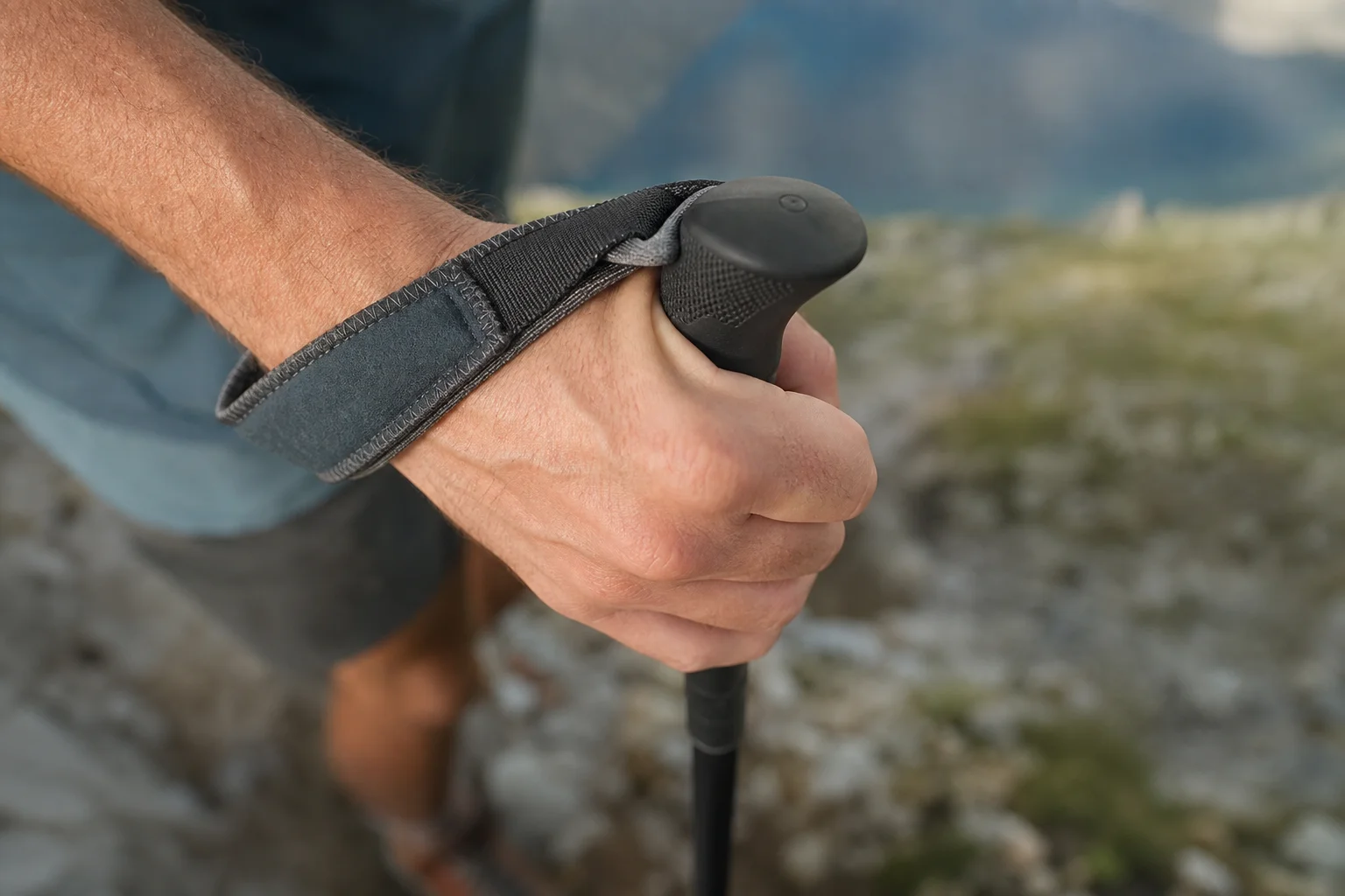 Escursionista che impugna un bastoncino da trekking durante una ripida discesa