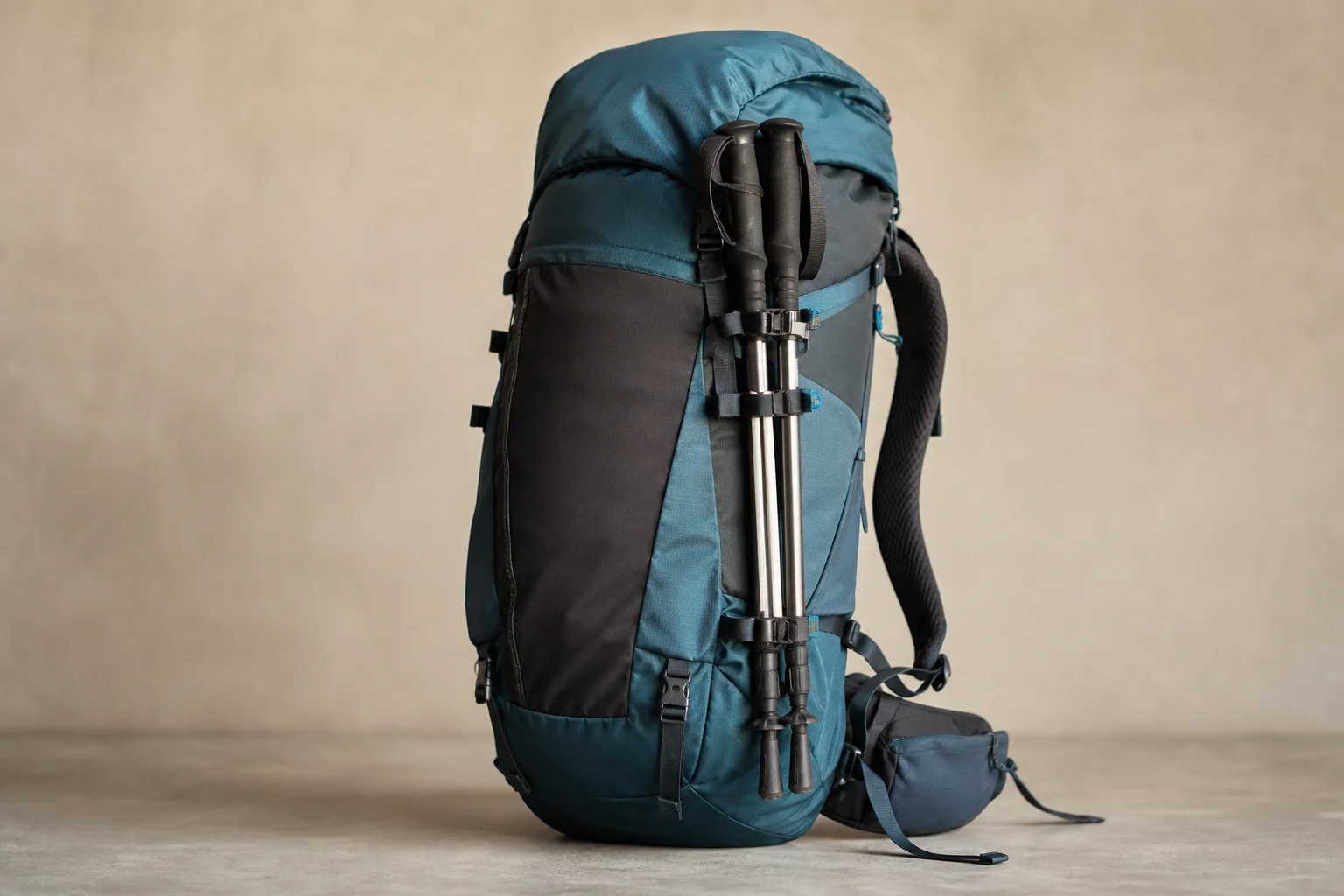 Zaino in spalla con bastoncini da trekking chiusi fissati allo zaino