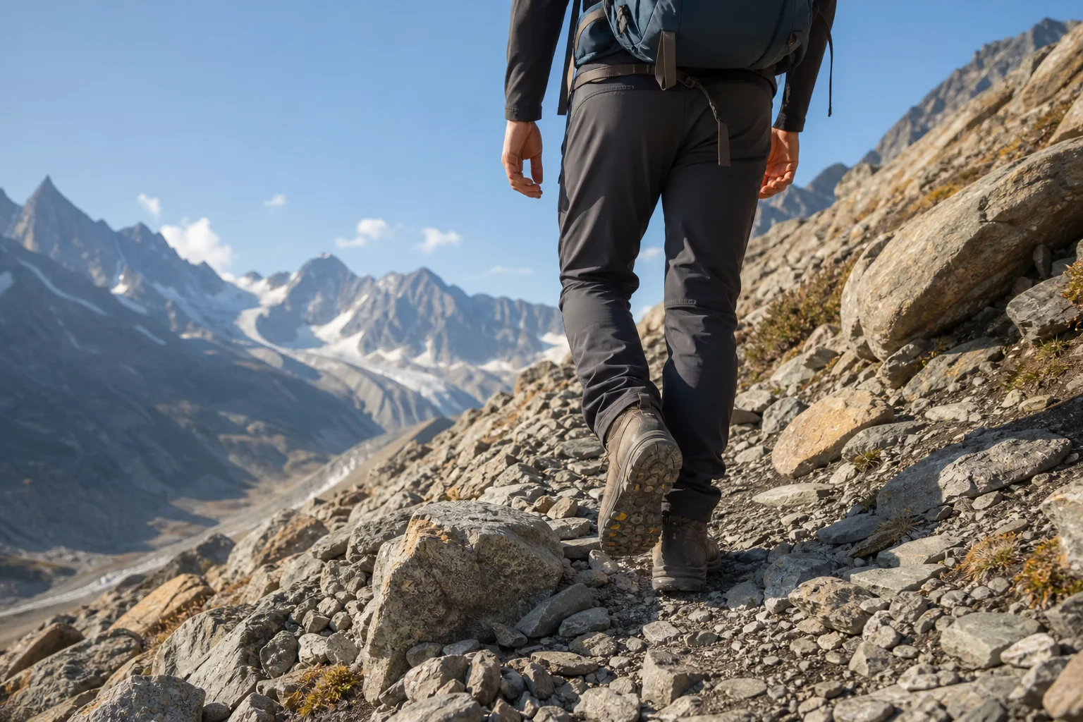 Hiker on rocky mountain trail with distant peaks and clear sky