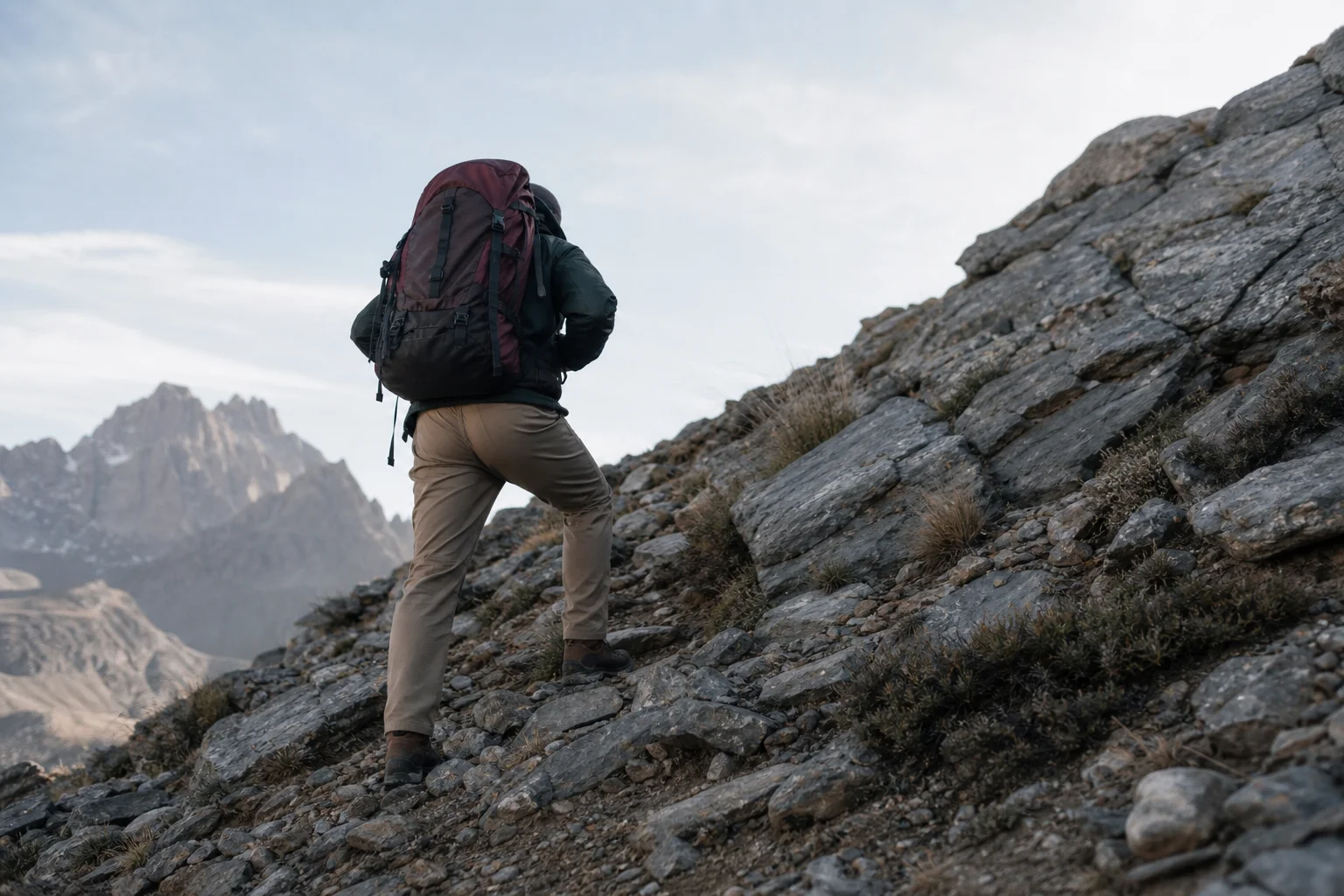 Hiker ascending steep rocky mountain slope with backpack