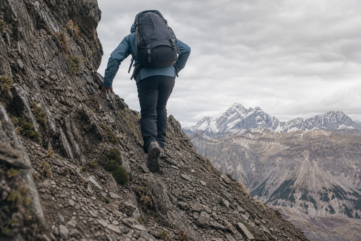 Hiker on technical alpine trail with rocky terrain and mountain backdrop