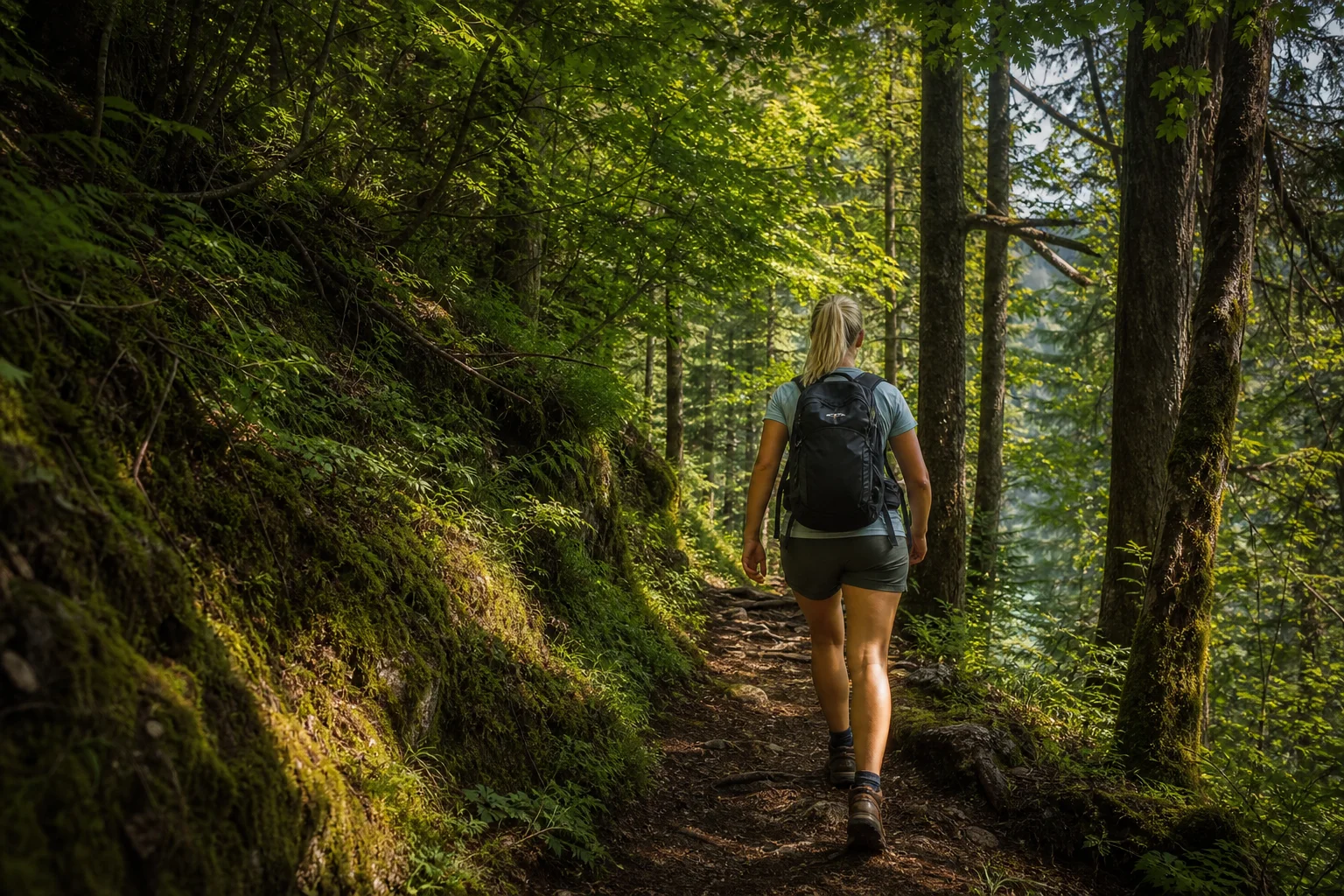 Woman hiking on a forest trail with dappled sunlight through trees
