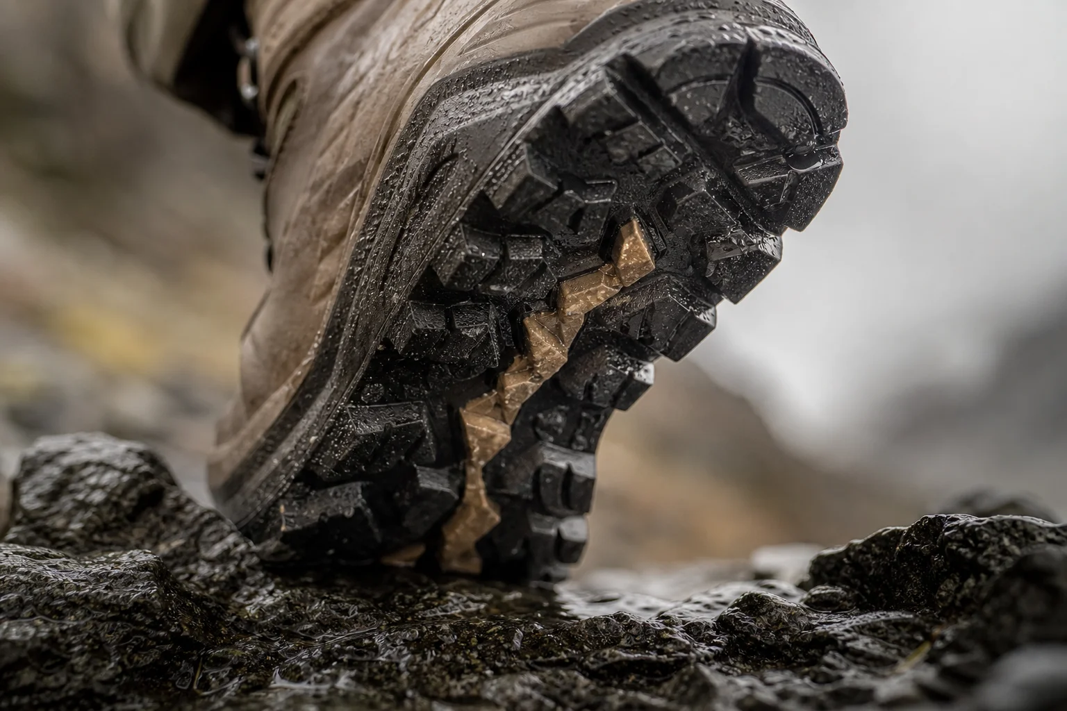 Close-up of hiking boot sole gripping wet rocky terrain