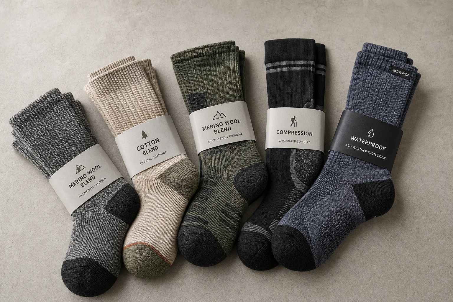 Five pairs of hiking socks in different styles and colors arranged on concrete