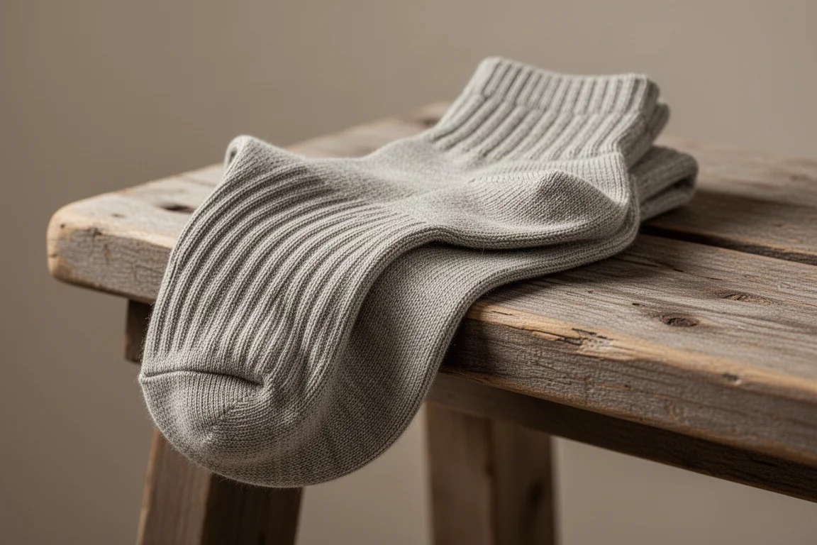 Primo piano di un calzino da escursionismo leggero in merino piegato su una panchina di legno consumata