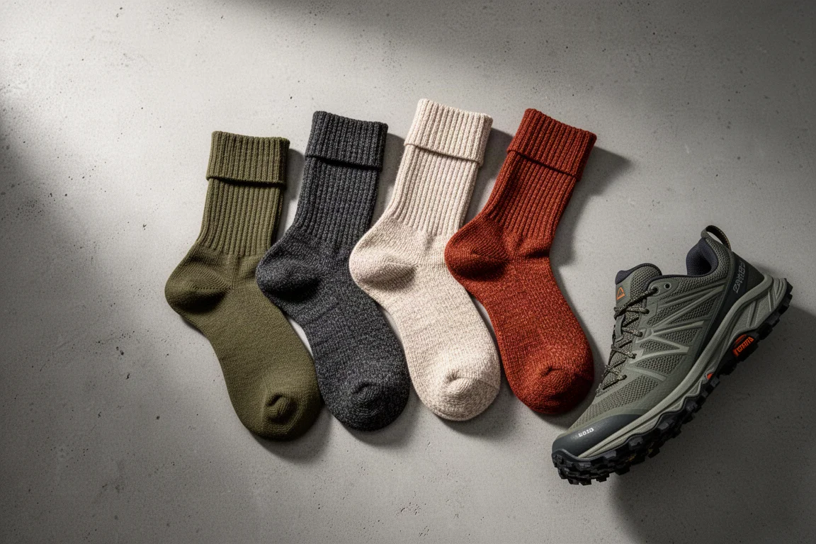 Five pairs of hiking socks arranged with a trail running shoe on a concrete surface
