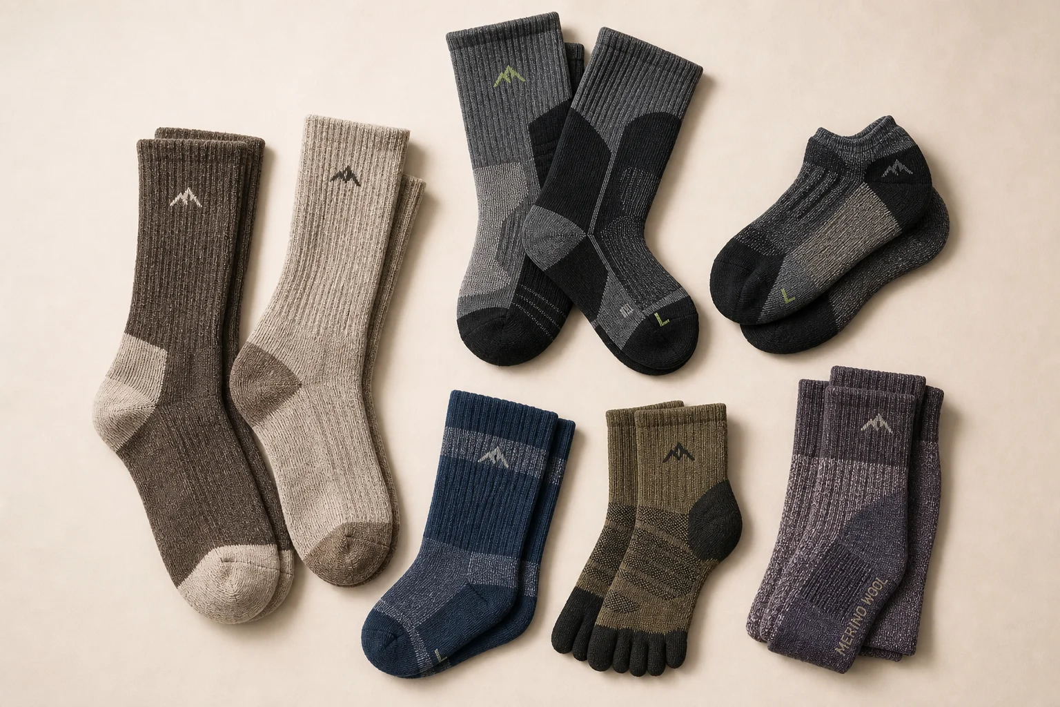 Collection of hiking socks in various styles and materials on neutral backdrop