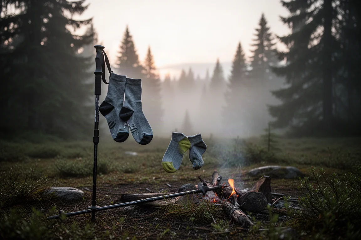 Meias de trilha úmidas penduradas em uma vara de trekking em um acampamento enevoado