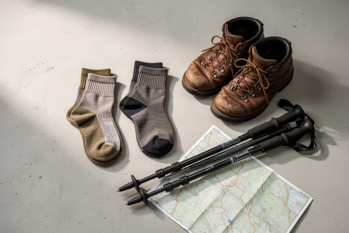 Foto vista de cima de meias de trilha, botas e varas de trekking sobre uma superfície de concreto