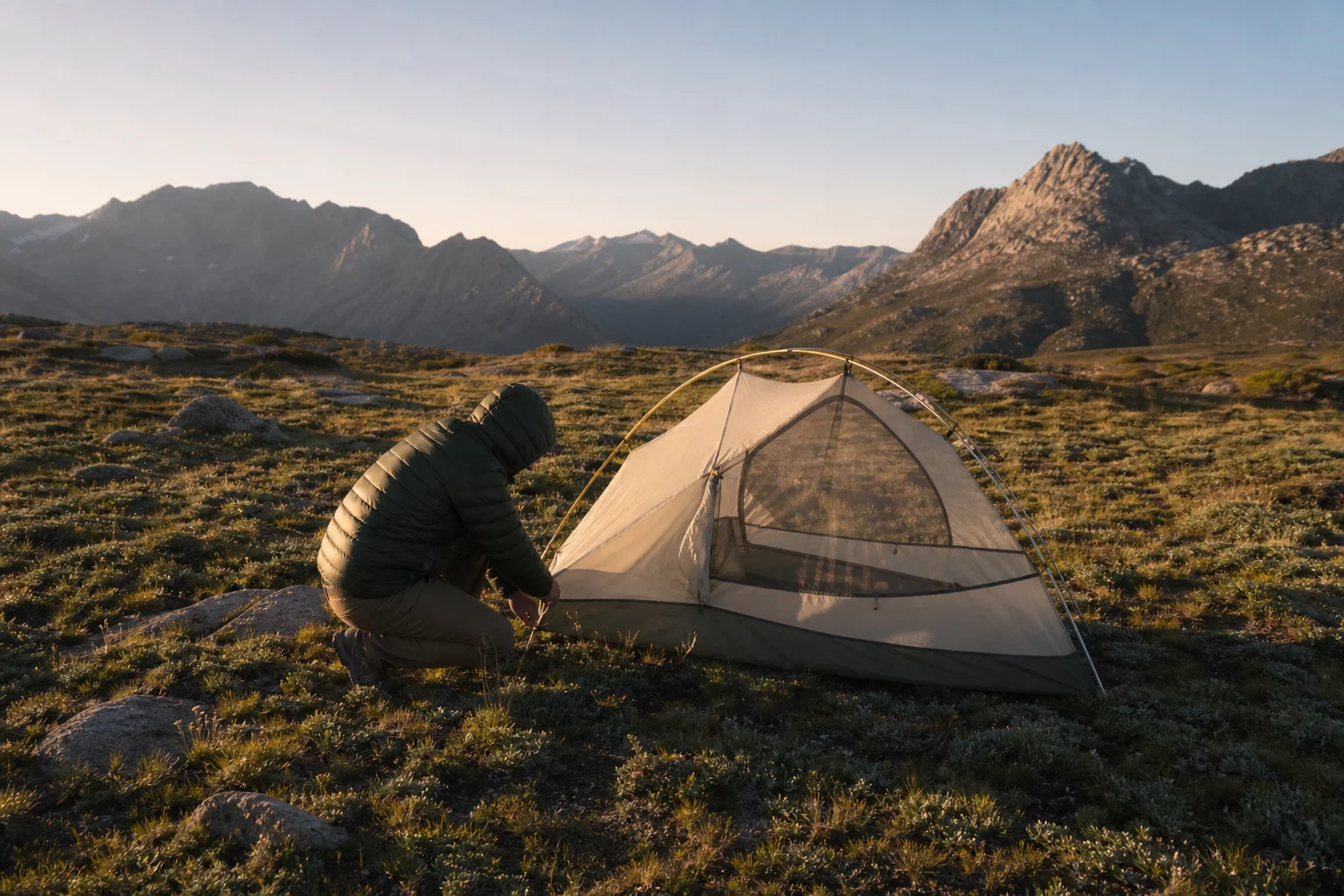 Hiker setting up a three-season tent in an Australian alpine meadow at dusk