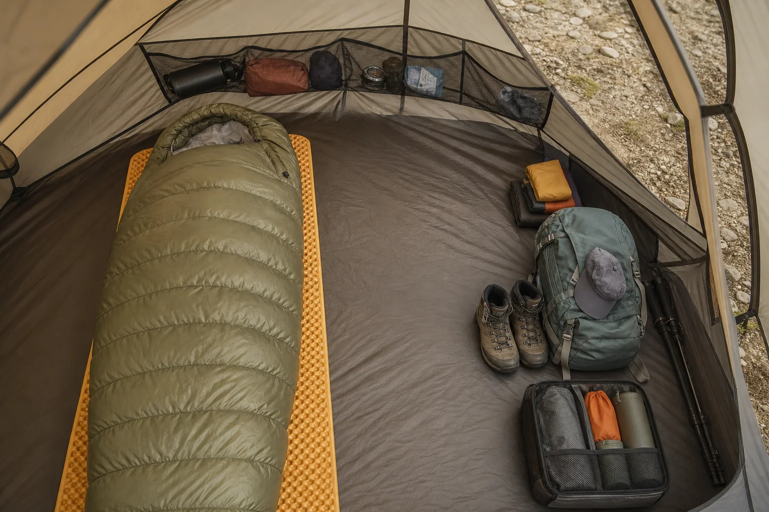 Overhead view of a spacious tent interior with gear organized in pockets and vestibule