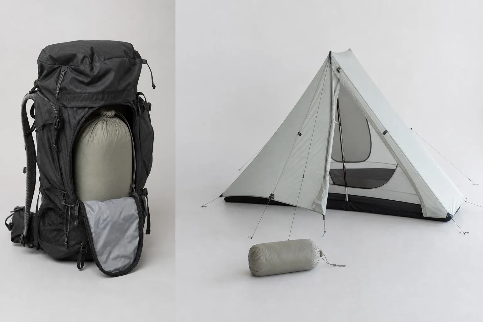 Compact ultralight tent packed into a hiking backpack side pocket