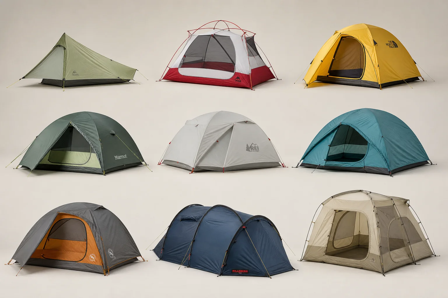 Nove tende da trekking disposte su uno sfondo neutro che mostrano varietà nelle dimensioni e nel design