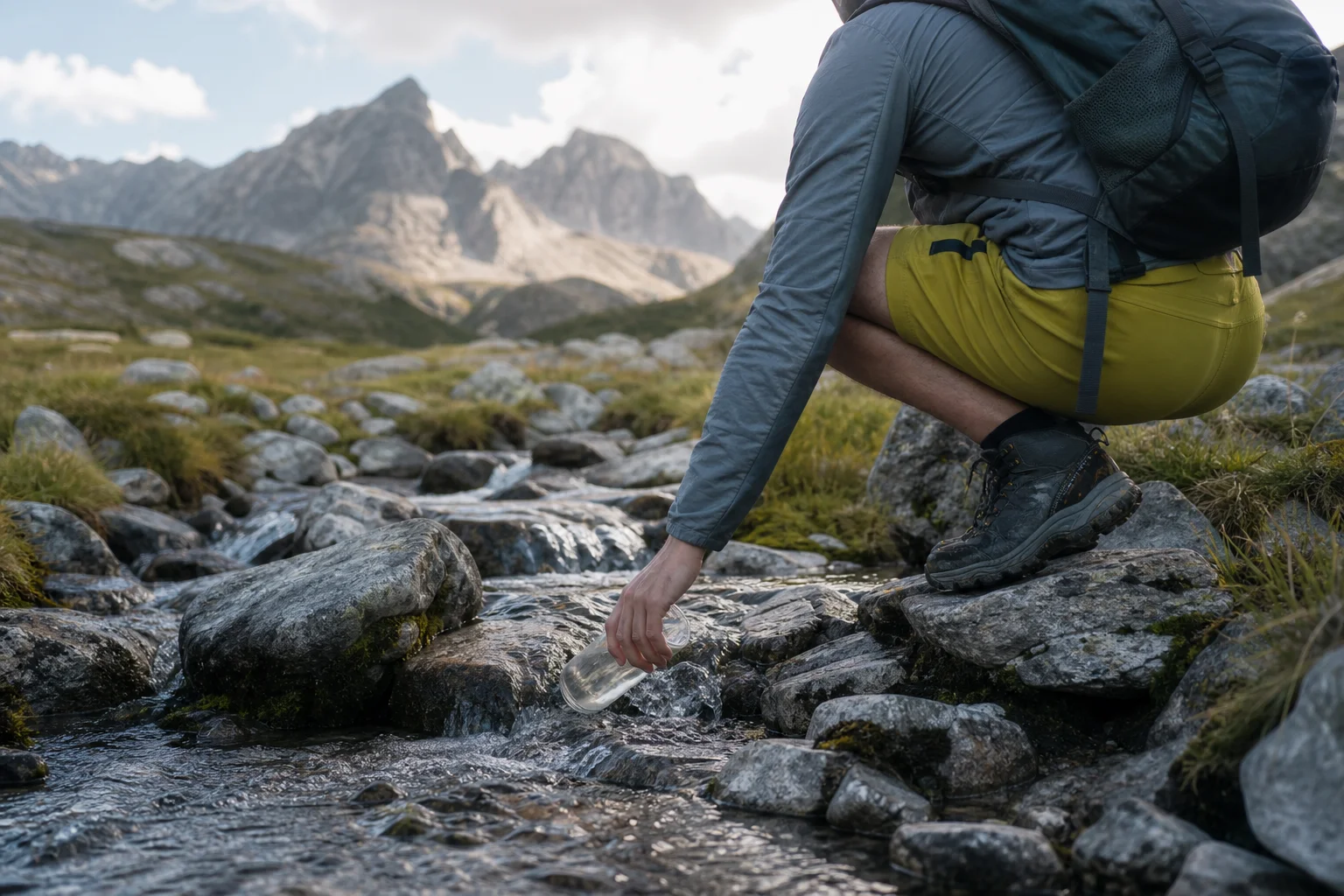 Hiker filling water bottle from a mountain stream