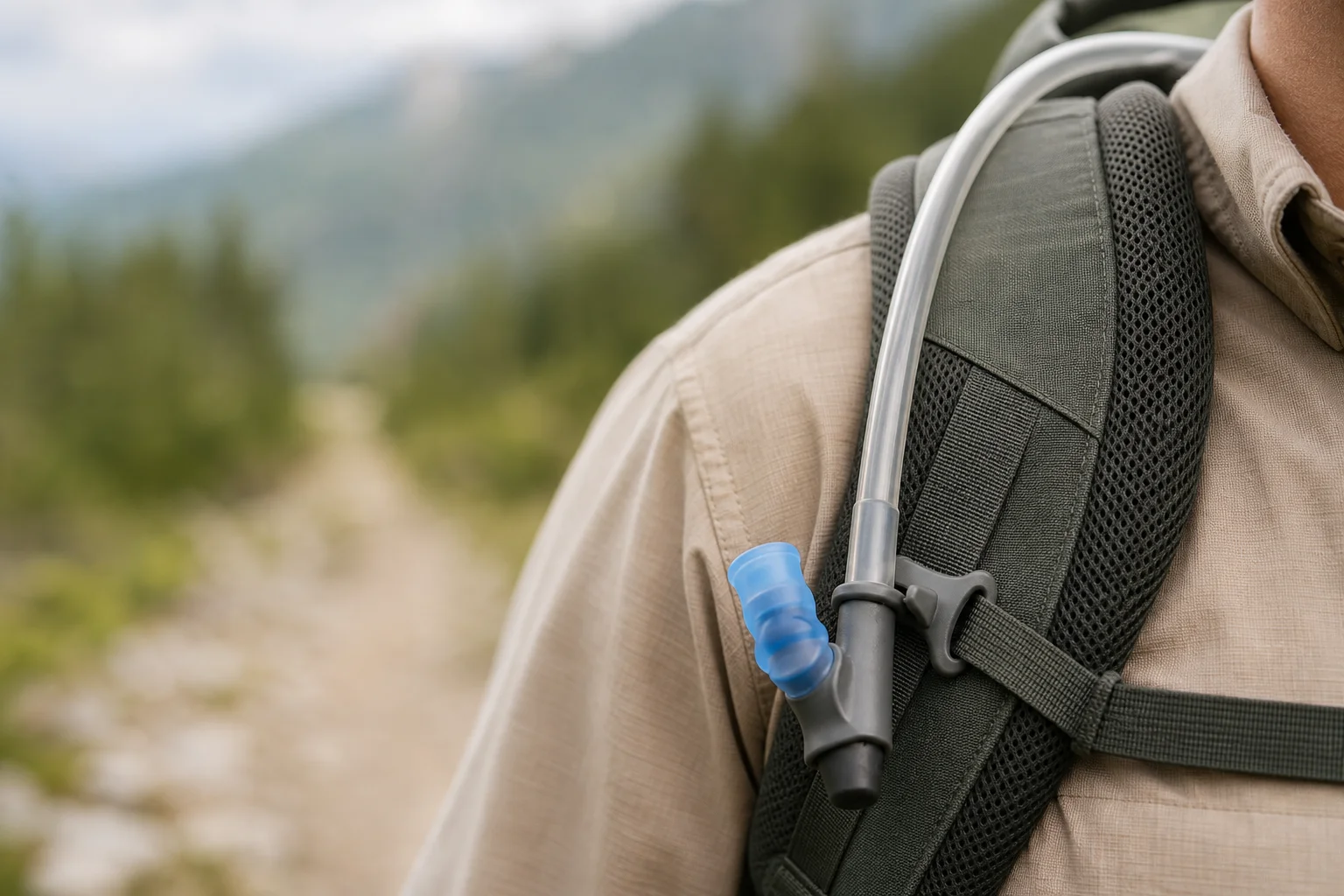 Hydration bladder tube and bite valve on backpack shoulder strap