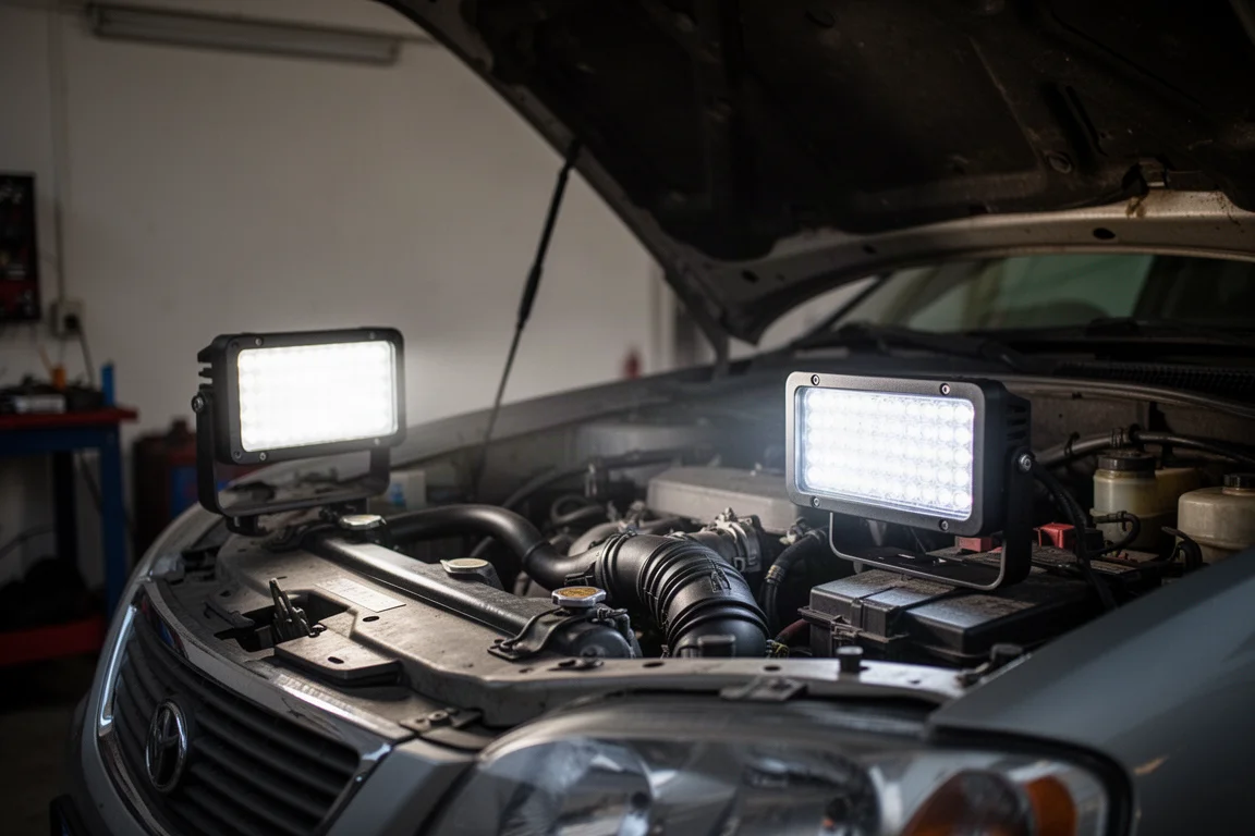 Mekaniker som arbetar under en bilhuv med en bärbar LED-arbetslampa som lyser upp motorrummet