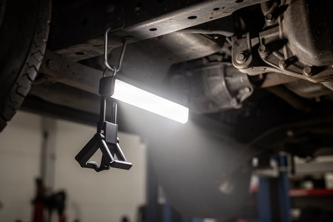 Rektangulär LED-pinnlampa hängande från en krok under ett fordon som kastar ett brett ljus