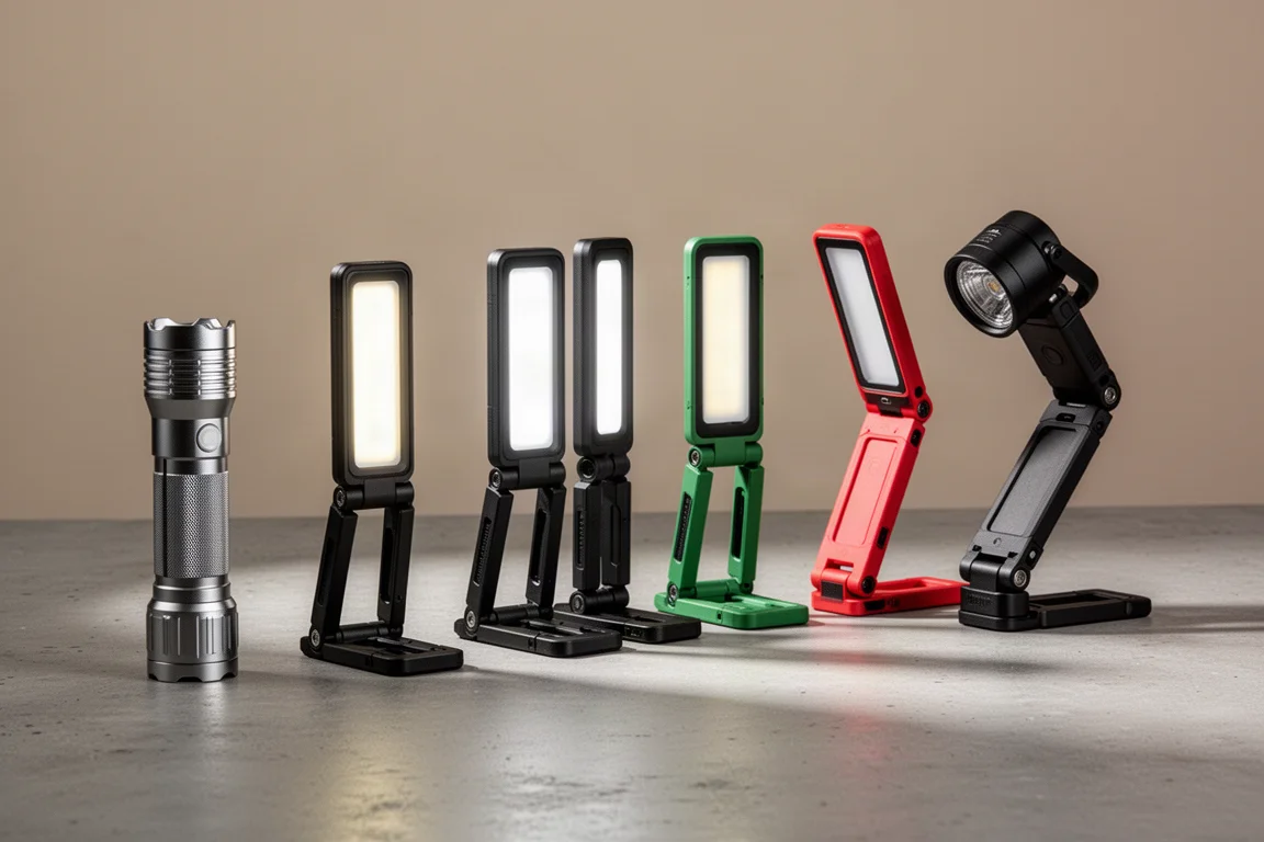 Seven work lights of varying designs lined up on a concrete surface
