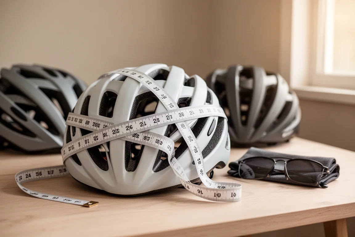 Ciclista medindo a circunferência da cabeça com fita métrica flexível acima das sobrancelhas