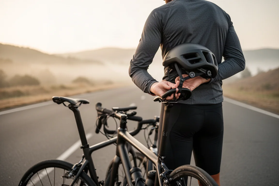 Ciclista de estrada ajustando o disco de retenção traseiro do capacete antes de pedalar