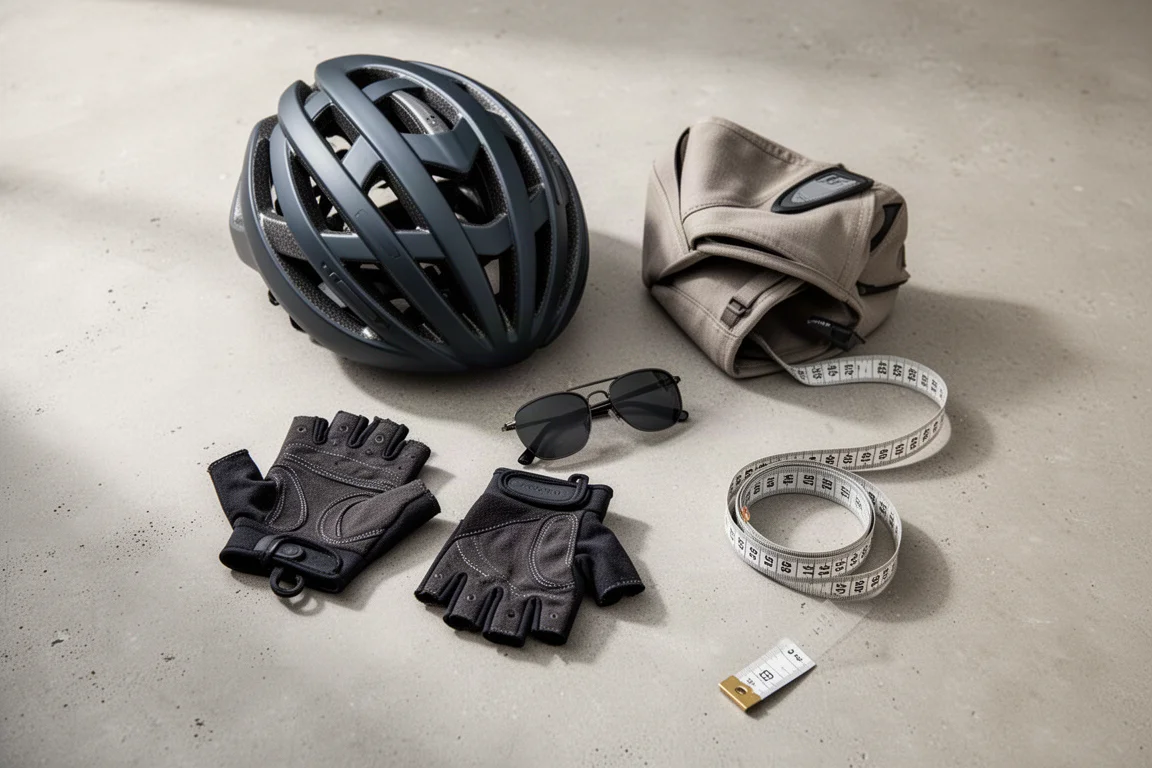 Capacete de ciclismo, luvas e óculos de sol dispostos sobre concreto