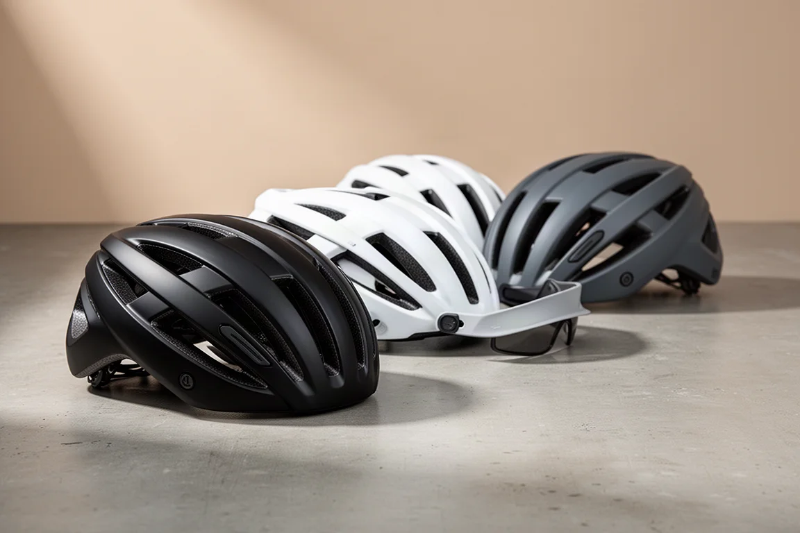 Five bicycle helmets arranged in a row on a matte concrete surface