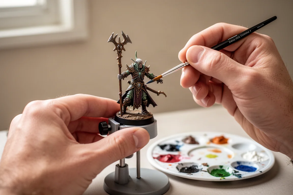 細い筆でミニチュアフィギュアを塗装するクローズアップ