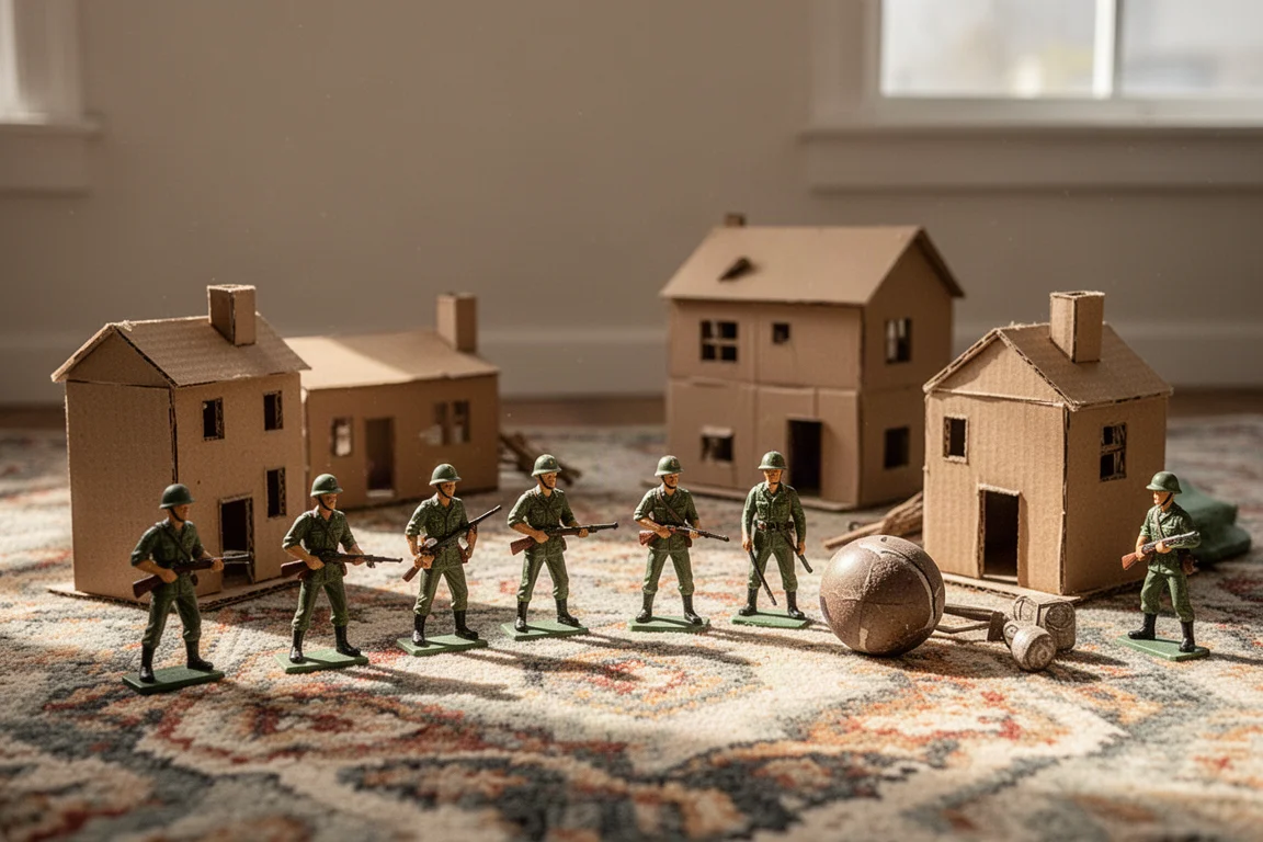 手作りの段ボール製建物とともにカーペットの上に並べられたヴィンテージの玩具兵士