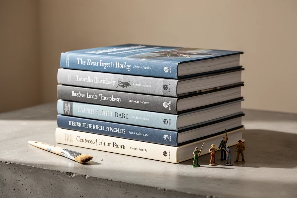 Stapel gebundener Hobbybücher mit Pinsel und Miniaturfiguren auf einer Betonoberfläche