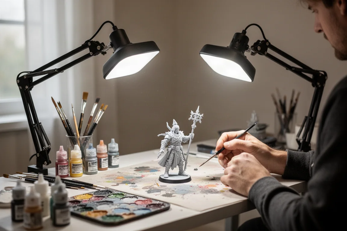 Miniaturenbemaler arbeitet an einem Schreibtisch mit verstellbaren LED-Lampen