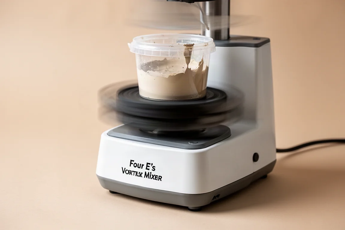 Nahaufnahme eines Vortex-Mixers, der eine Farbdose schüttelt