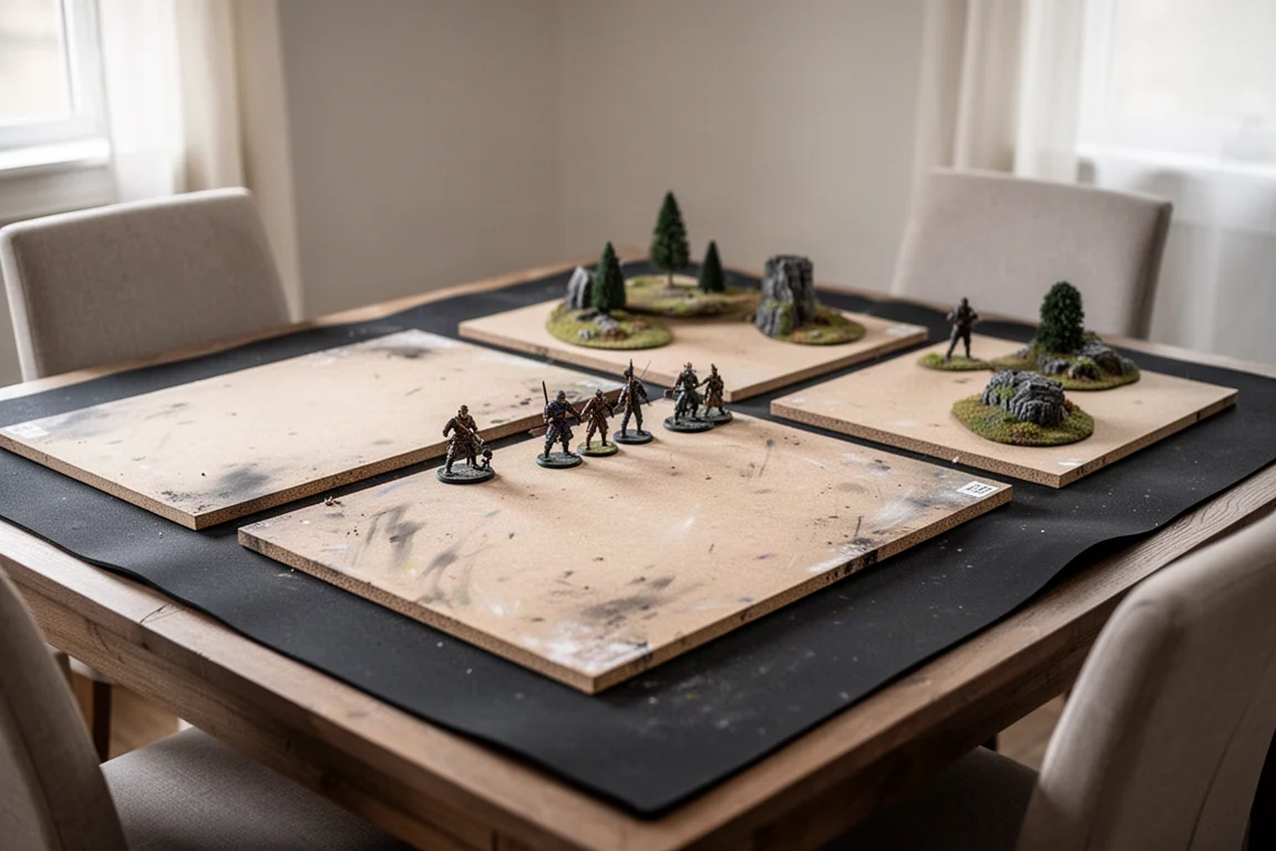 MDF-Platten auf einem Esstisch mit Neoprenmatte für Tabletop-Spiele