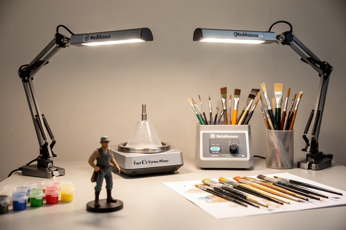 Scrivania hobby organizzata con lampade LED MediAcous e vortex mixer Four E's