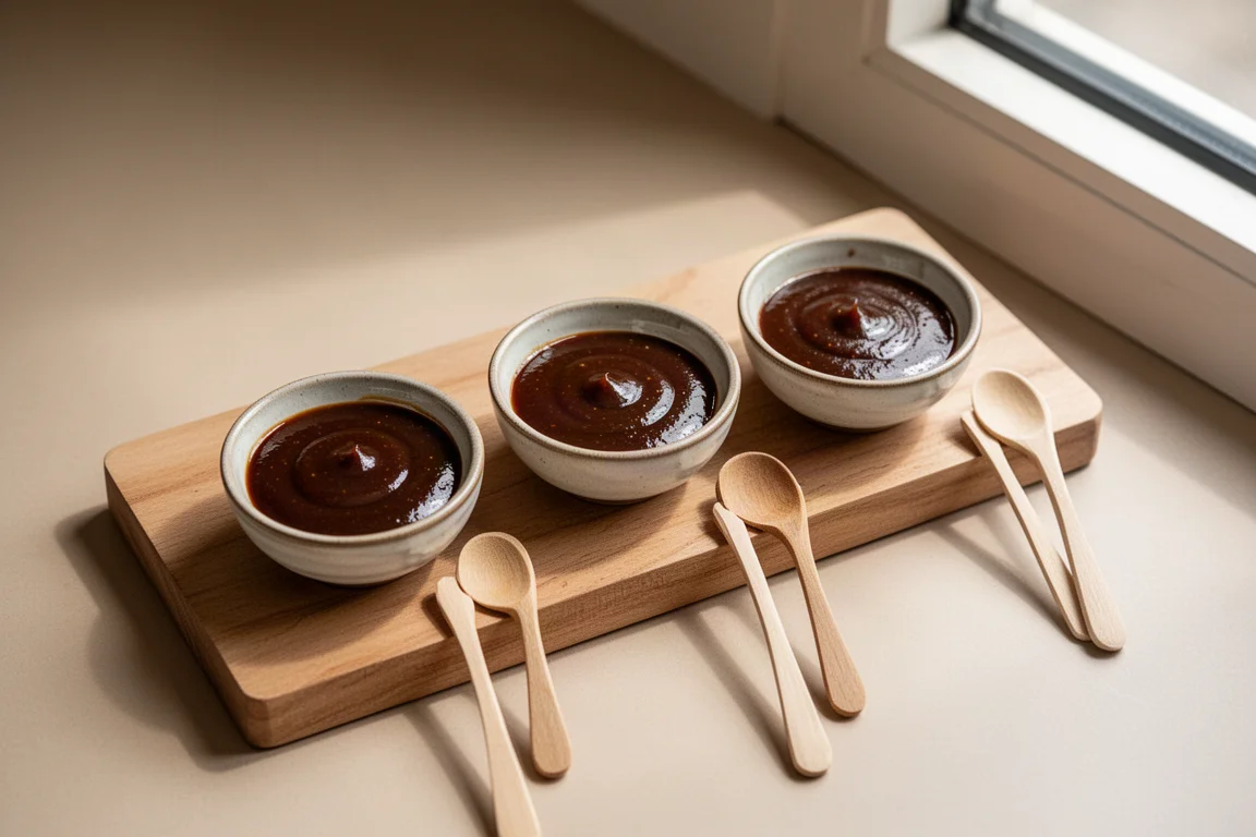 Tres cuencos pequeños de salsa hoisin oscura alineados sobre una tabla de degustación de madera