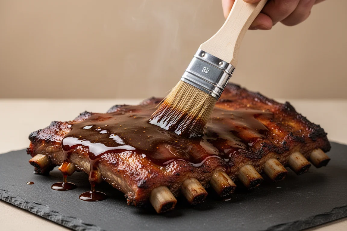 Una brocha barnizando glaseado de hoisin sobre costillas asadas a la barbacoa