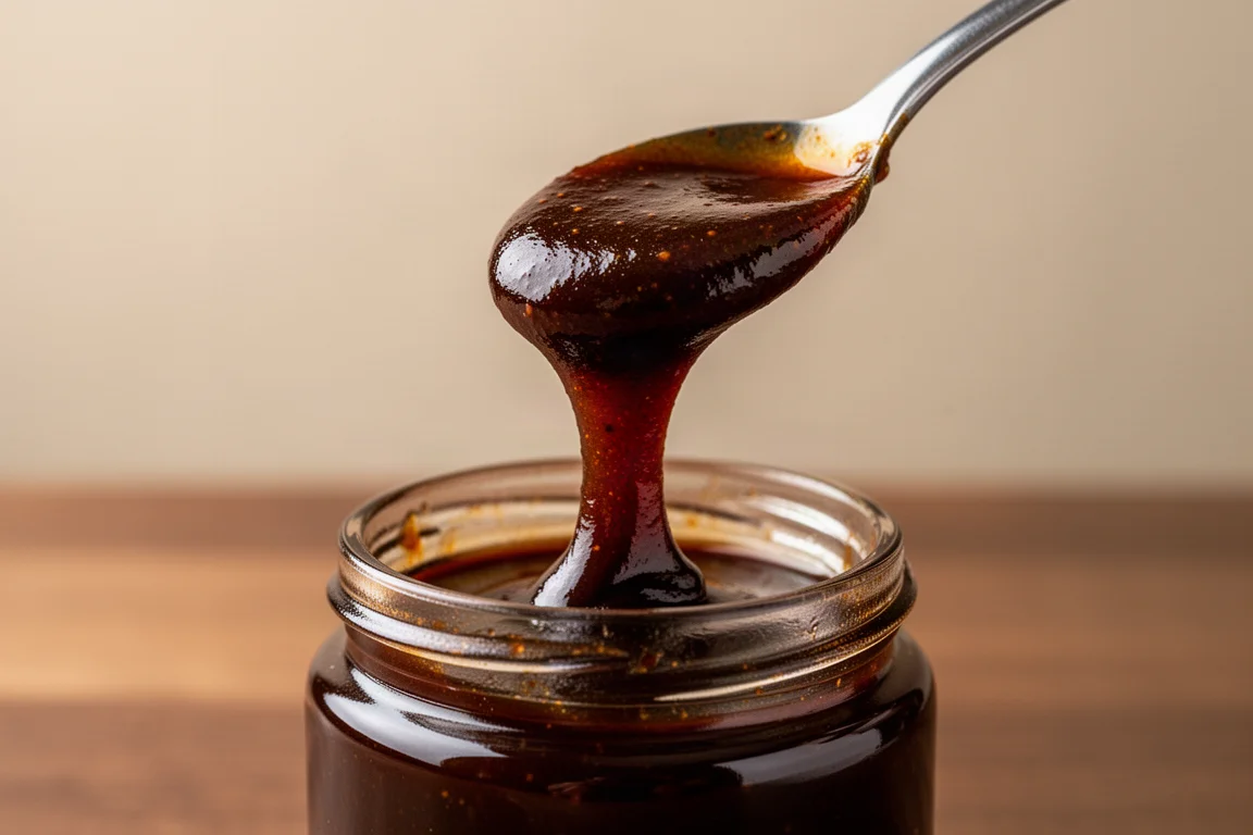 Un frasco de salsa inclinado con una cuchara que levanta una cinta gruesa de hoisin