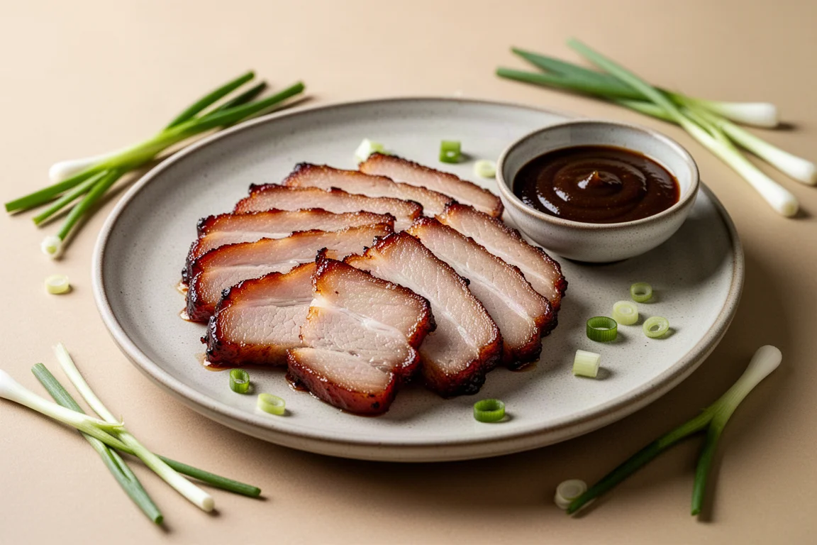 Rodajas de cerdo char siu glaseadas con salsa hoisin sobre una fuente de servir