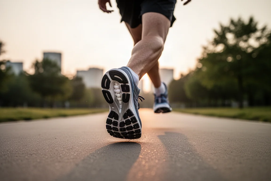 Löpare joggar på en öppen asfalterad stig i mjukt morgonljus