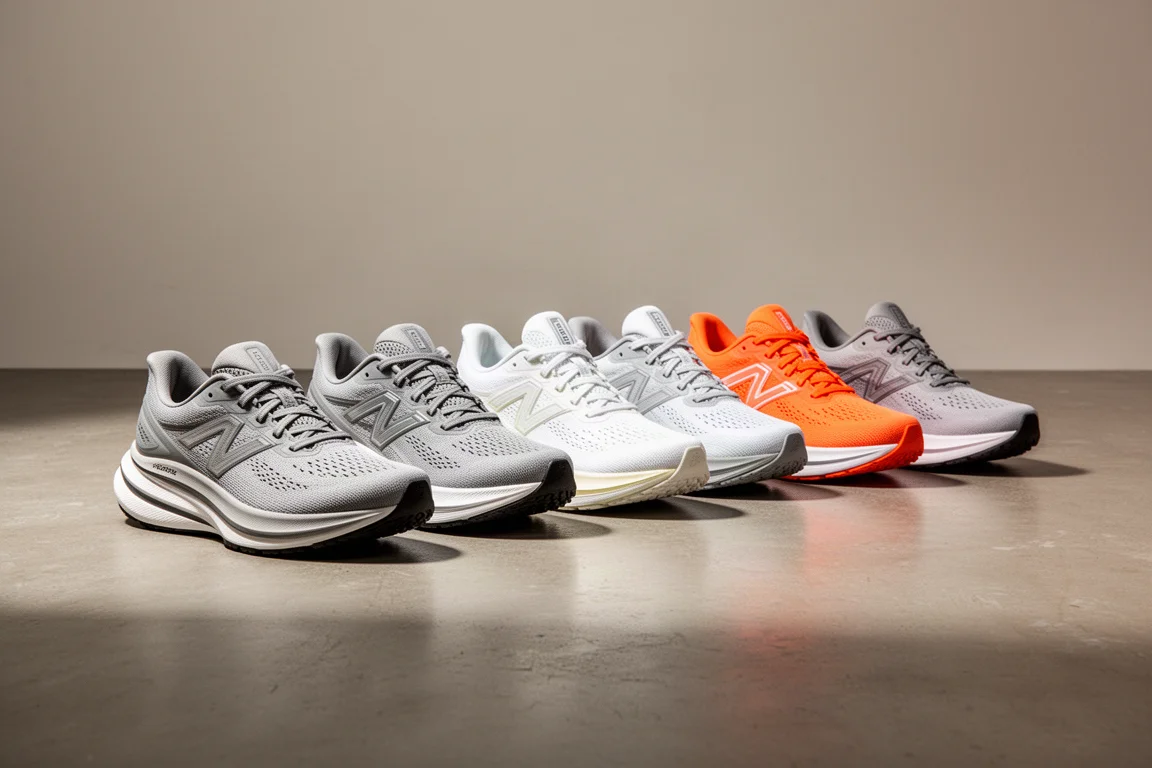 Lineup of cushioned running shoes arranged on a concrete studio floor