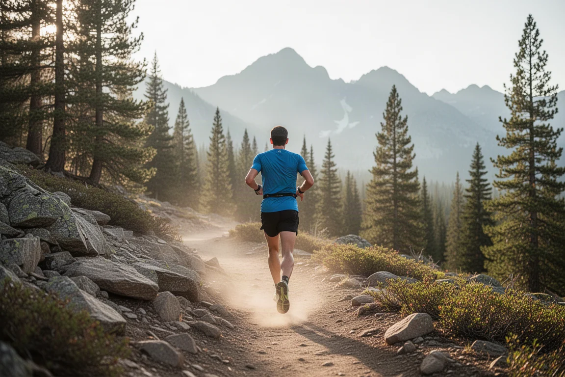 Trail runner moving along a rocky mountain singletrack in soft daylight