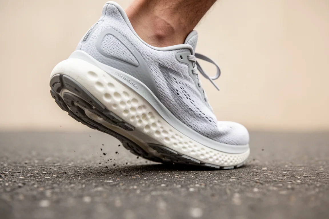 Close-up of a running shoe midsole compressing on smooth pavement