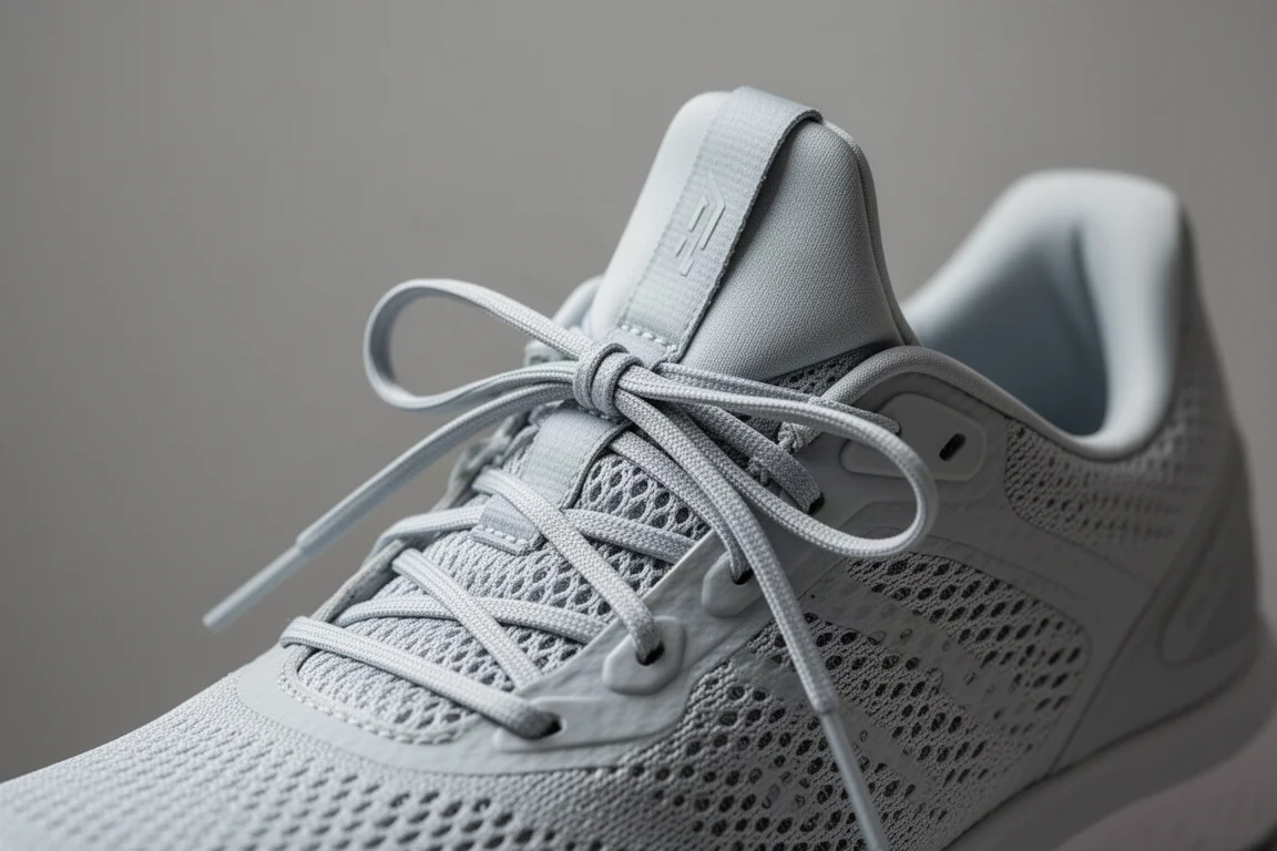 Close-up of thin flat laces on a running shoe collar