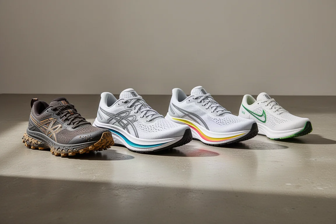 Six Hoka running shoes arranged in a row on a concrete floor