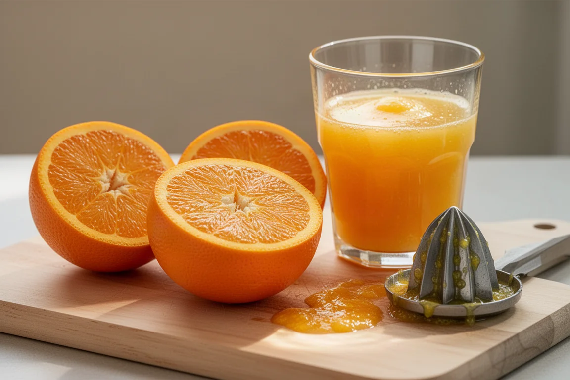 Färska apelsinhalvor som presses med ett glas juice bredvid