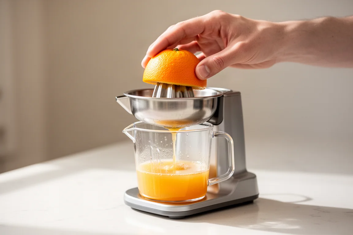 Händer som pressar en apelsinhalva på en liten elektrisk citruspress